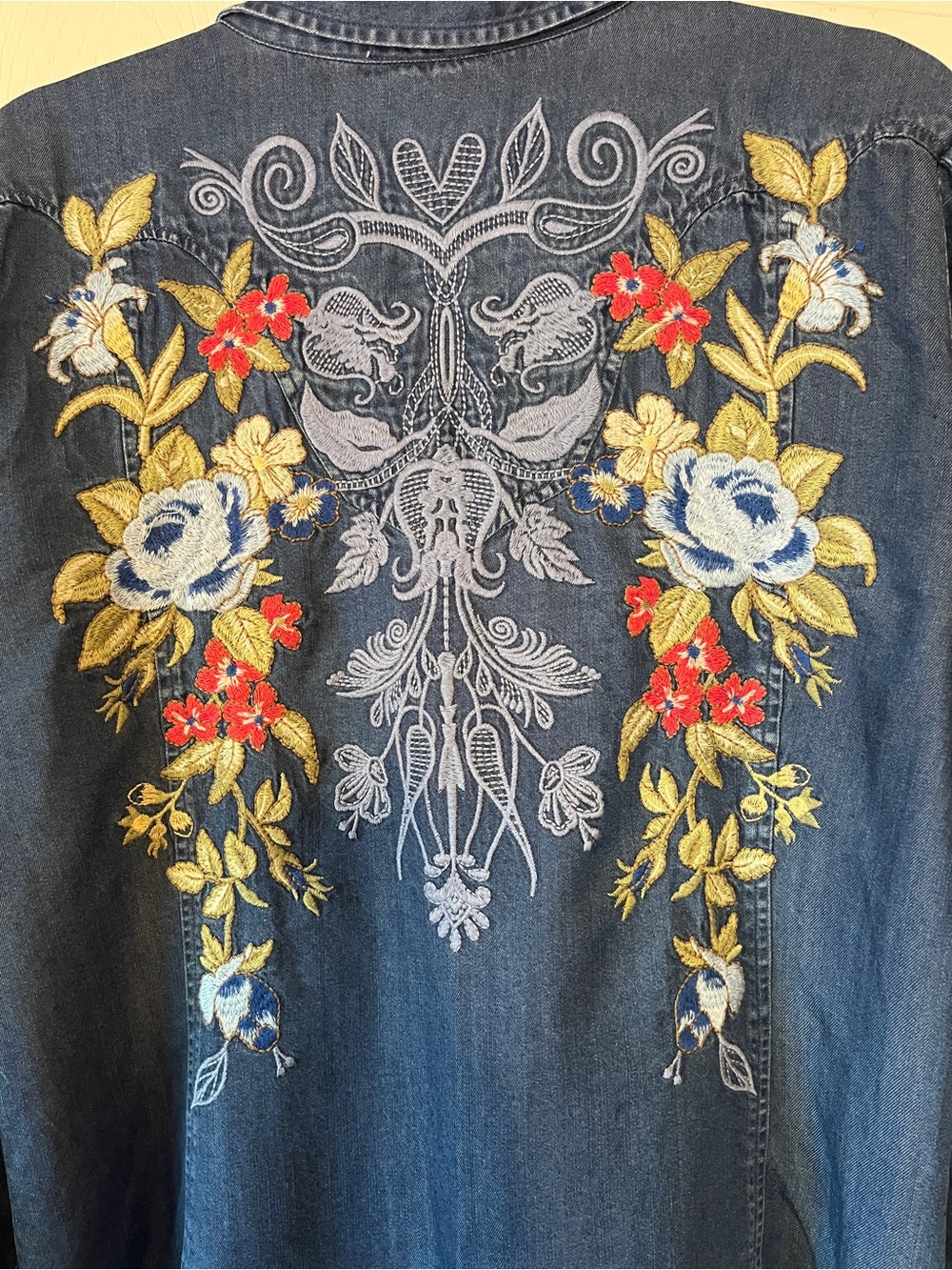 Johnny Was Hannah Denim Shirt with Multicolor Floral Embroidery - Blue - Picture 4 of 12